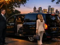 Luxury vehicle at sunset cityscape