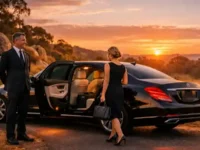 Elegant couple by luxury car sunset