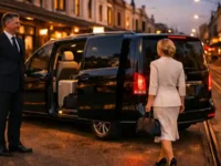 Businesswoman approaching luxury vehicle.