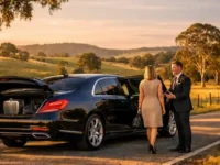 Couple by luxury car at sunset