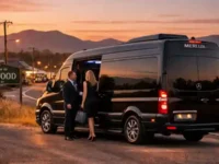 Couple near luxury van at sunset