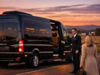 Luxury van at sunset, welcoming passenger