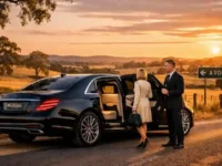 Luxury car at sunset with couple