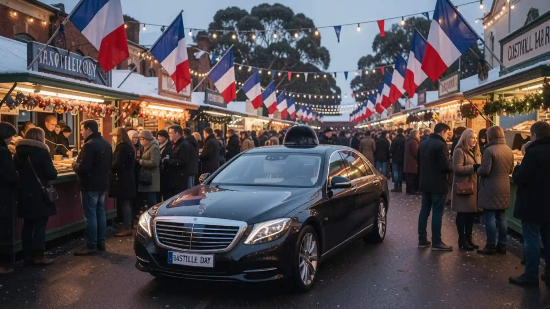 Luxury chauffeur car arriving at Bastille Day French Festival chauffeur service Melbourne at Queen Victoria Market