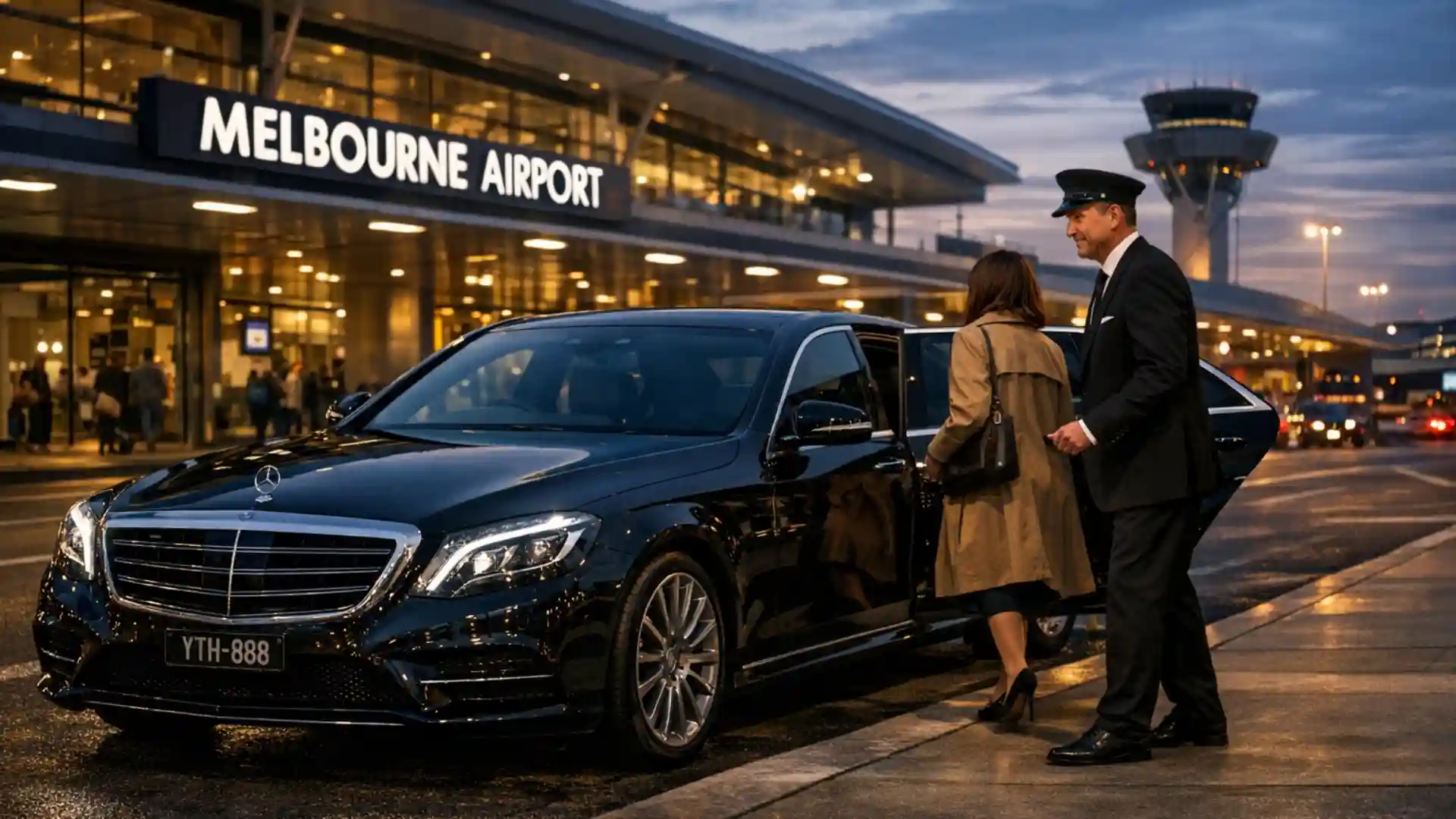 Melbourne airport to city transfers luxury chauffeur car outside airport terminal