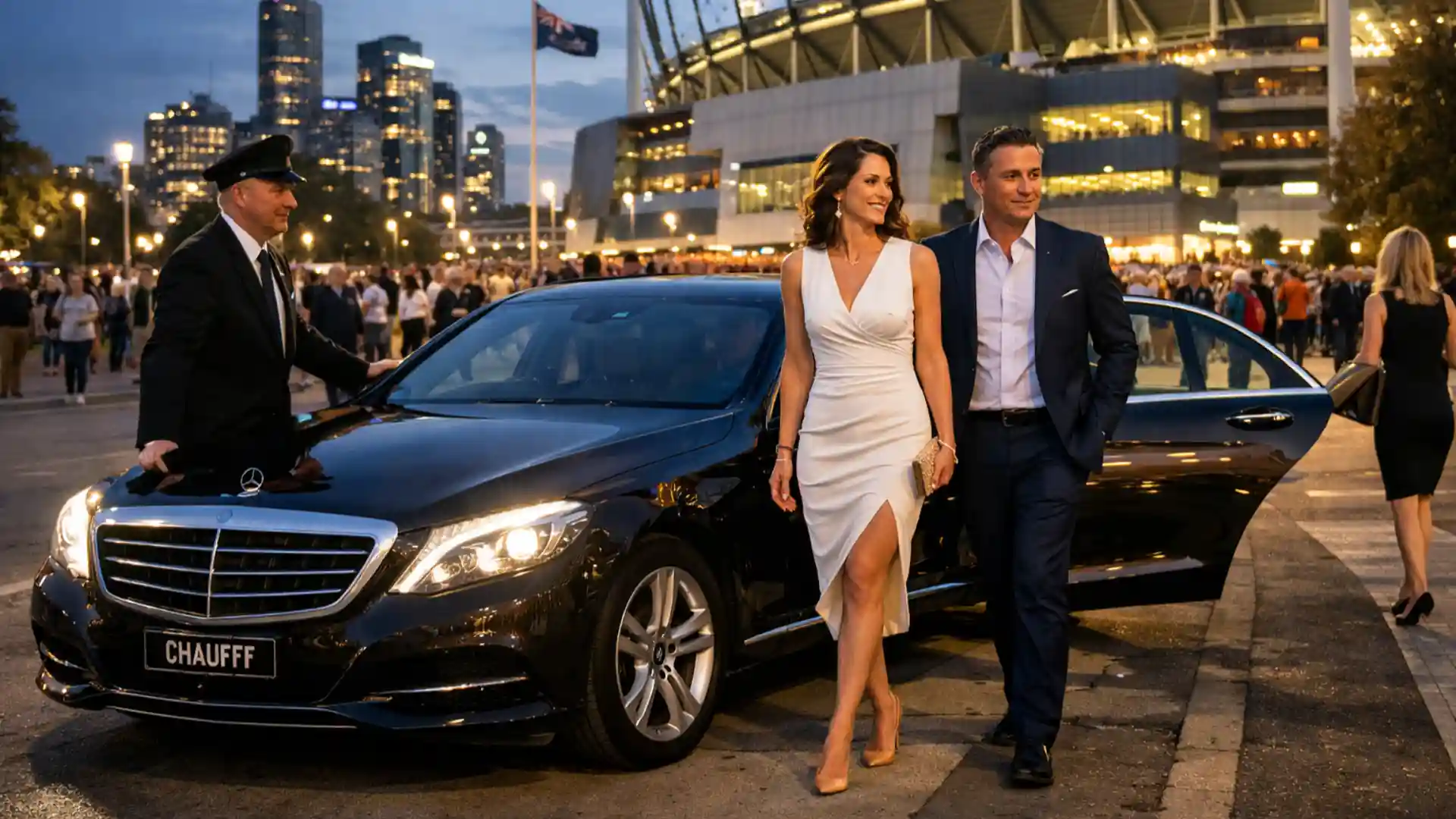 Melbourne event chauffeur service luxury car arriving at sporting stadium