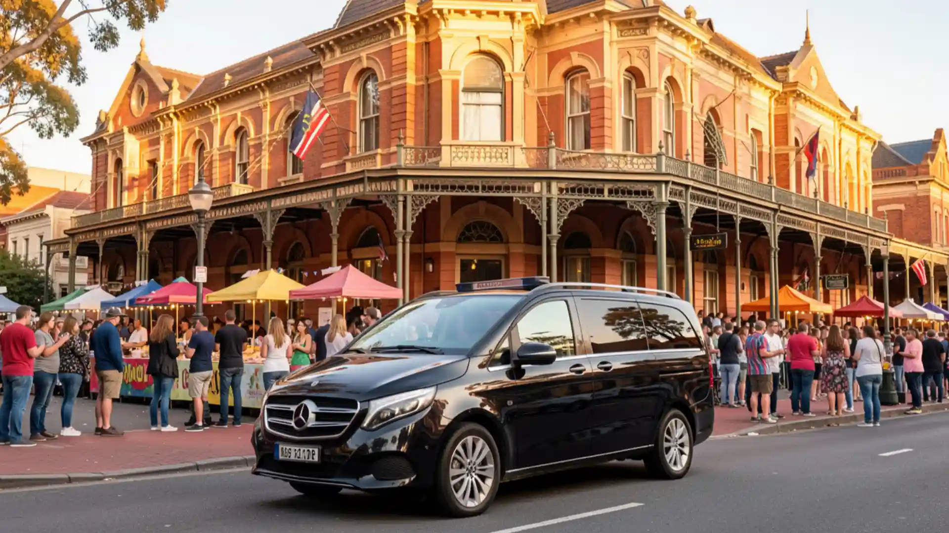Melbourne heritage sites chauffeur service luxury car arriving at historic building during Australian Heritage Festival