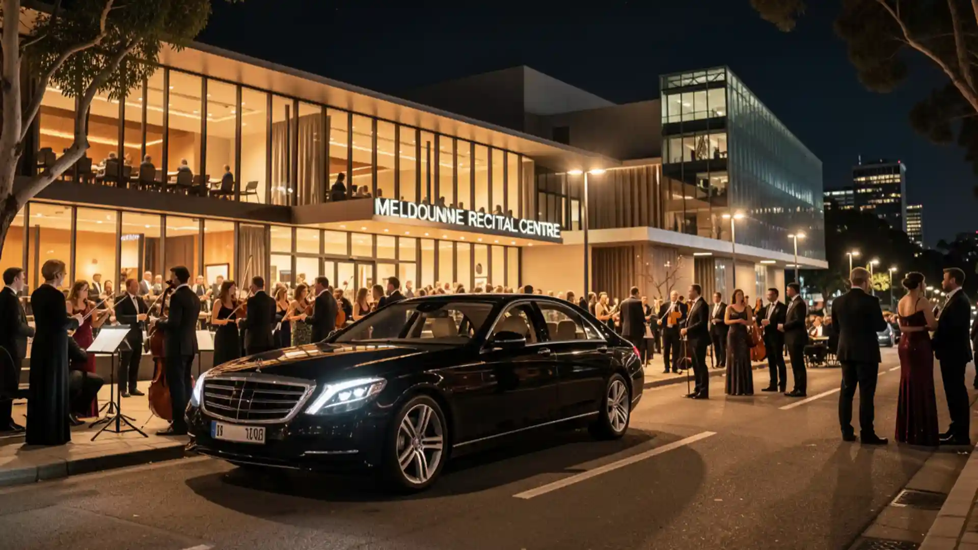 Melbourne International Guitar Festival chauffeur service arriving at Melbourne Recital Centre for evening concert