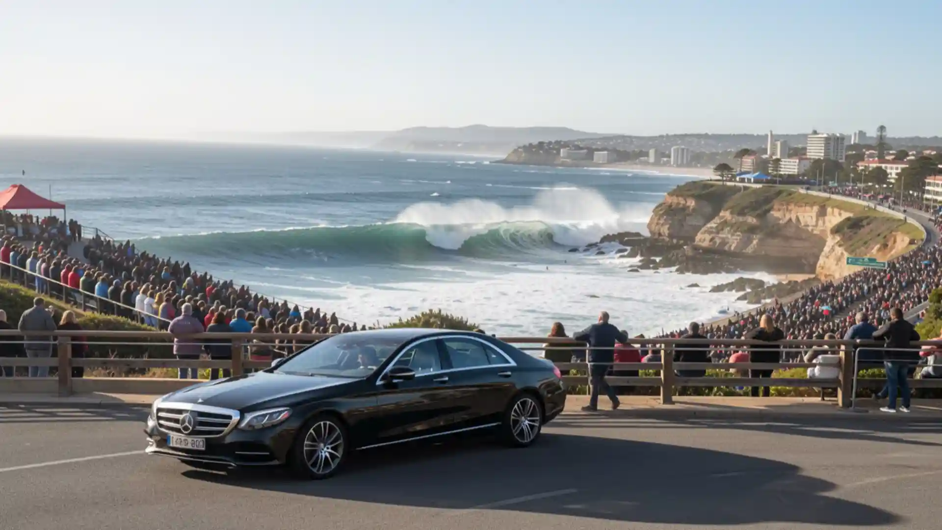 Rip Curl Pro chauffeur Melbourne luxury car arriving at Bells Beach surfing event