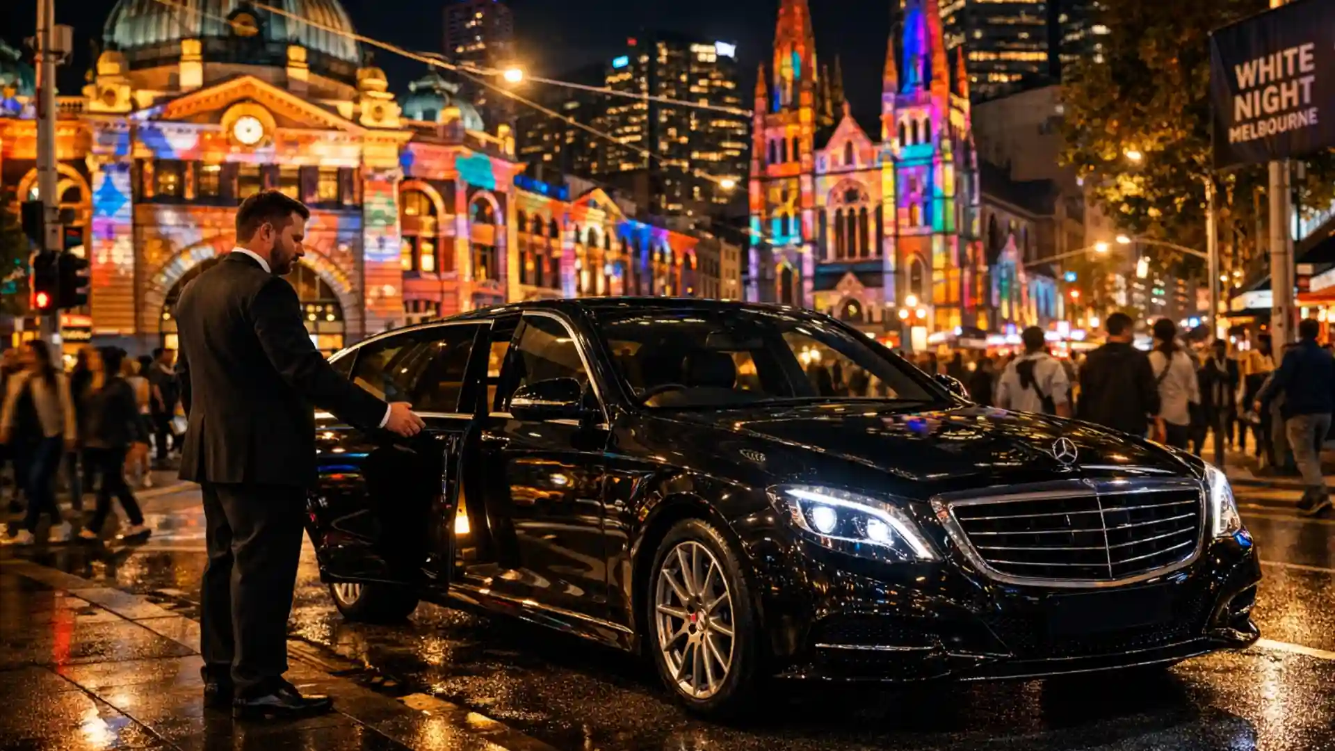 White Night Melbourne chauffeur service luxury Mercedes car Melbourne CBD night festival