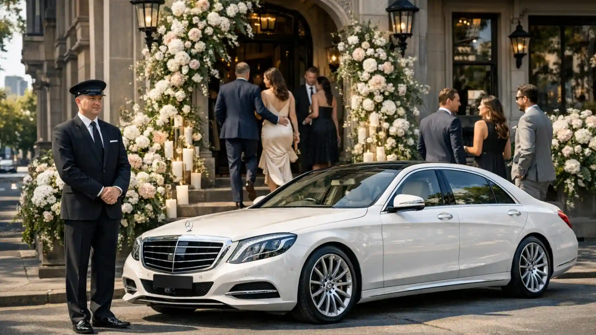 Luxury Wedding Chauffeur Melbourne white first class sedan with chauffeur at wedding venue