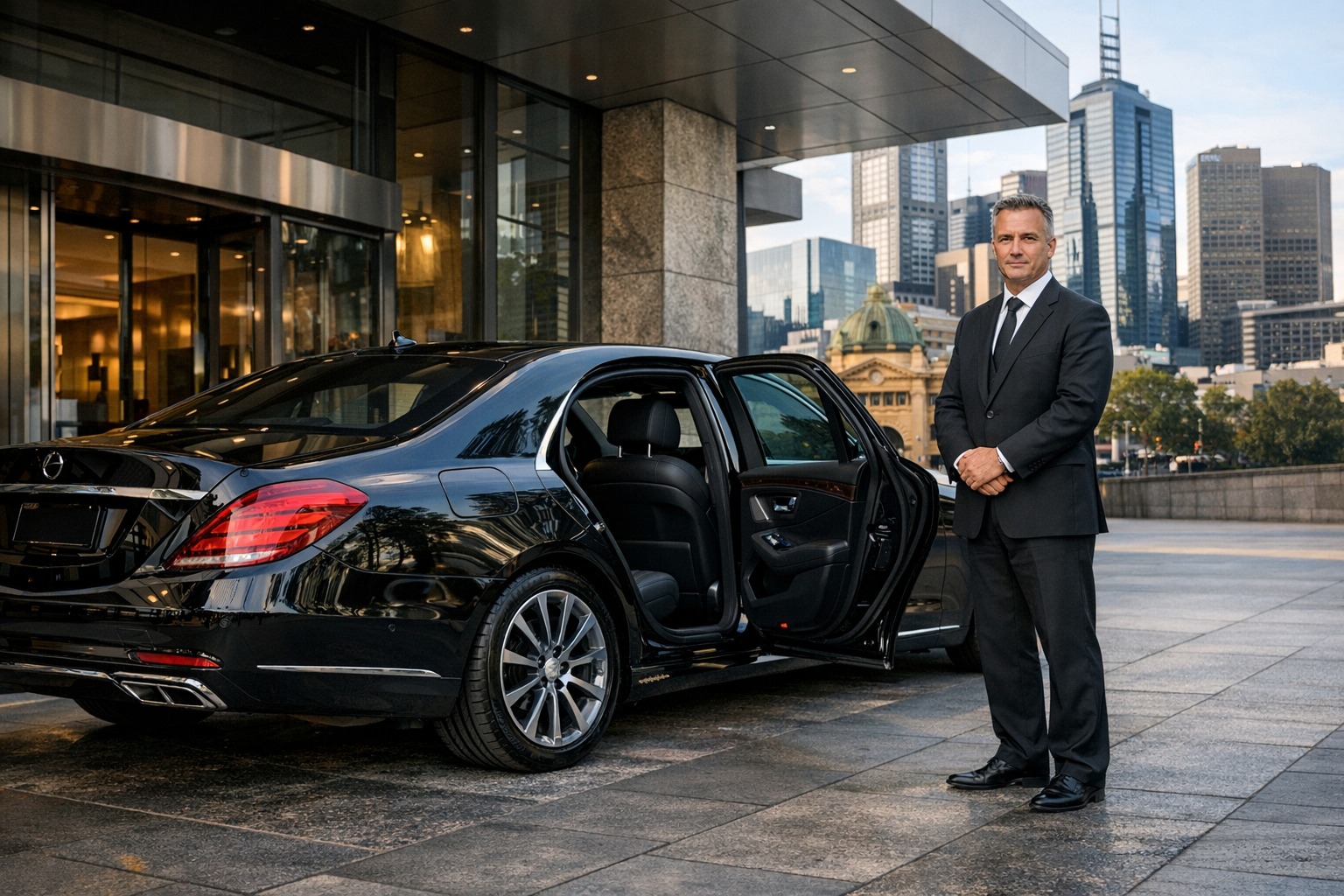 Safety Standards in Chauffeur Services Melbourne luxury black sedan with professional chauffeur