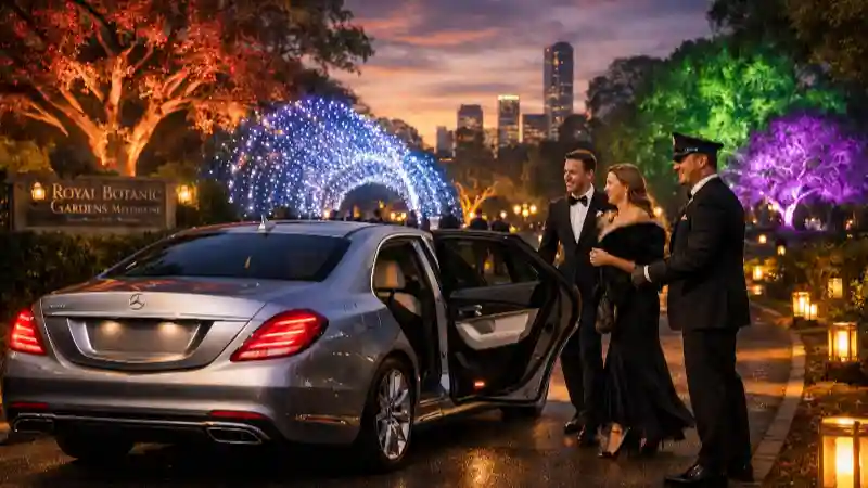 Lightscape Melbourne chauffeur service featuring a luxury silver Mercedes-Benz S-Class arriving at the Royal Botanic Gardens