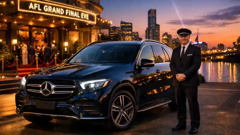 AFL Grand Final Eve Transfers Melbourne luxury black Mercedes SUV arriving at Melbourne event venue