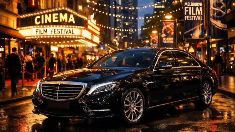 Black Mercedes-Benz first class sedan arriving near a MIFF Film Screenings in Melbourne venue at night