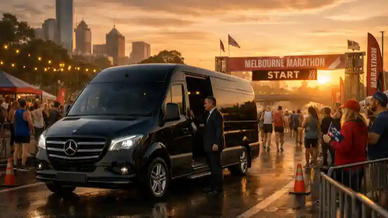 Nike Marathon Chauffeur Service luxury black Mercedes Sprinter arriving for race day transfer in Melbourne