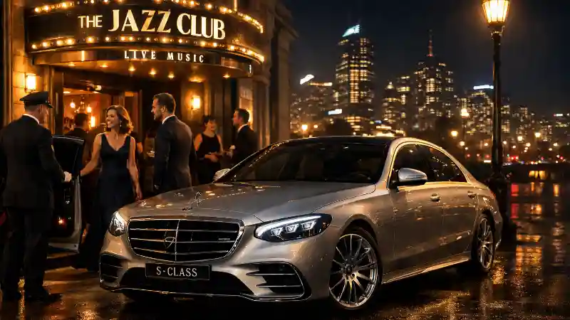 Private Chauffeur Melbourne for Jazz Lovers luxury black Mercedes first-class sedan outside Melbourne jazz venue at night