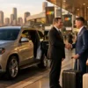 Airport to MIFF Festival Chauffeur Transfers with a silver Mercedes-Benz GLS SUV arriving outside Melbourne Airport for Melbourne International Film Festival guests