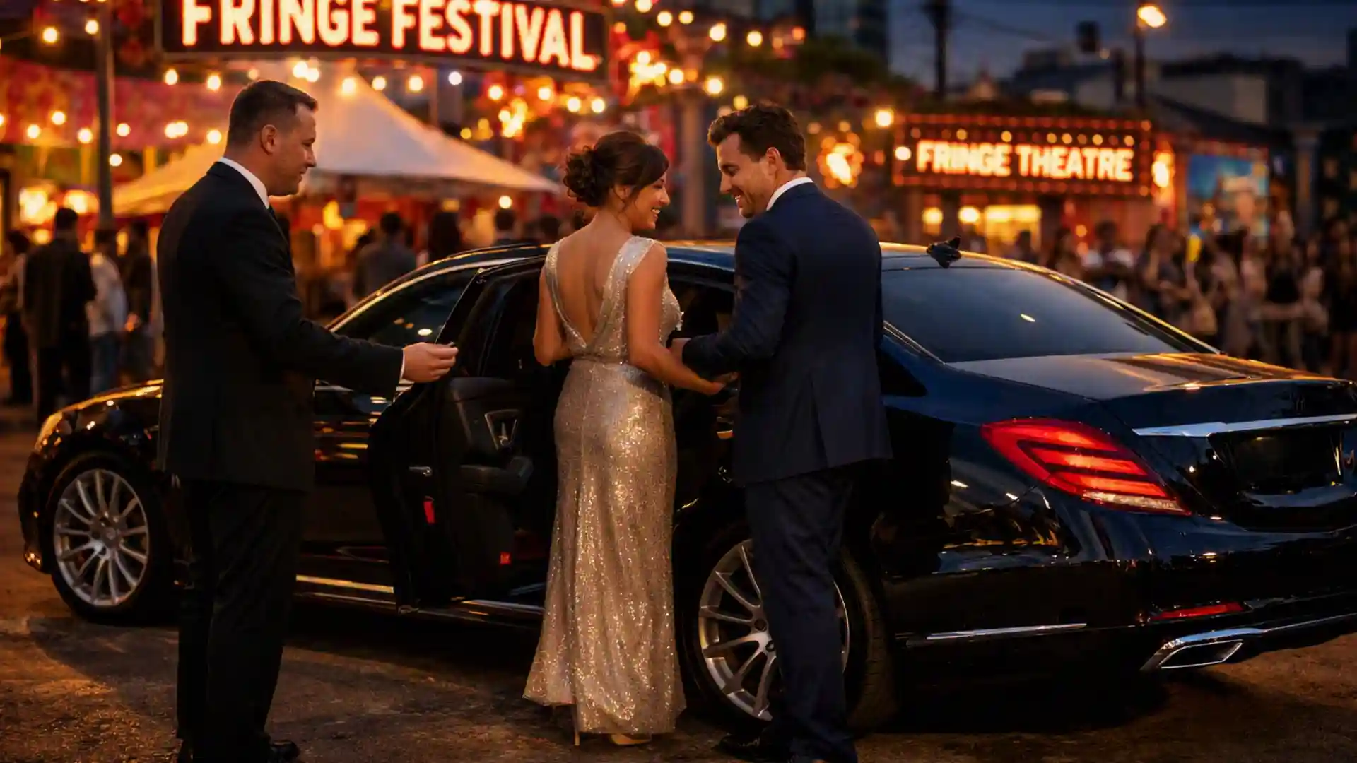 Hourly Chauffeur for Melbourne Fringe Festival with a black Mercedes-Benz S-Class outside a Melbourne Fringe Festival venue