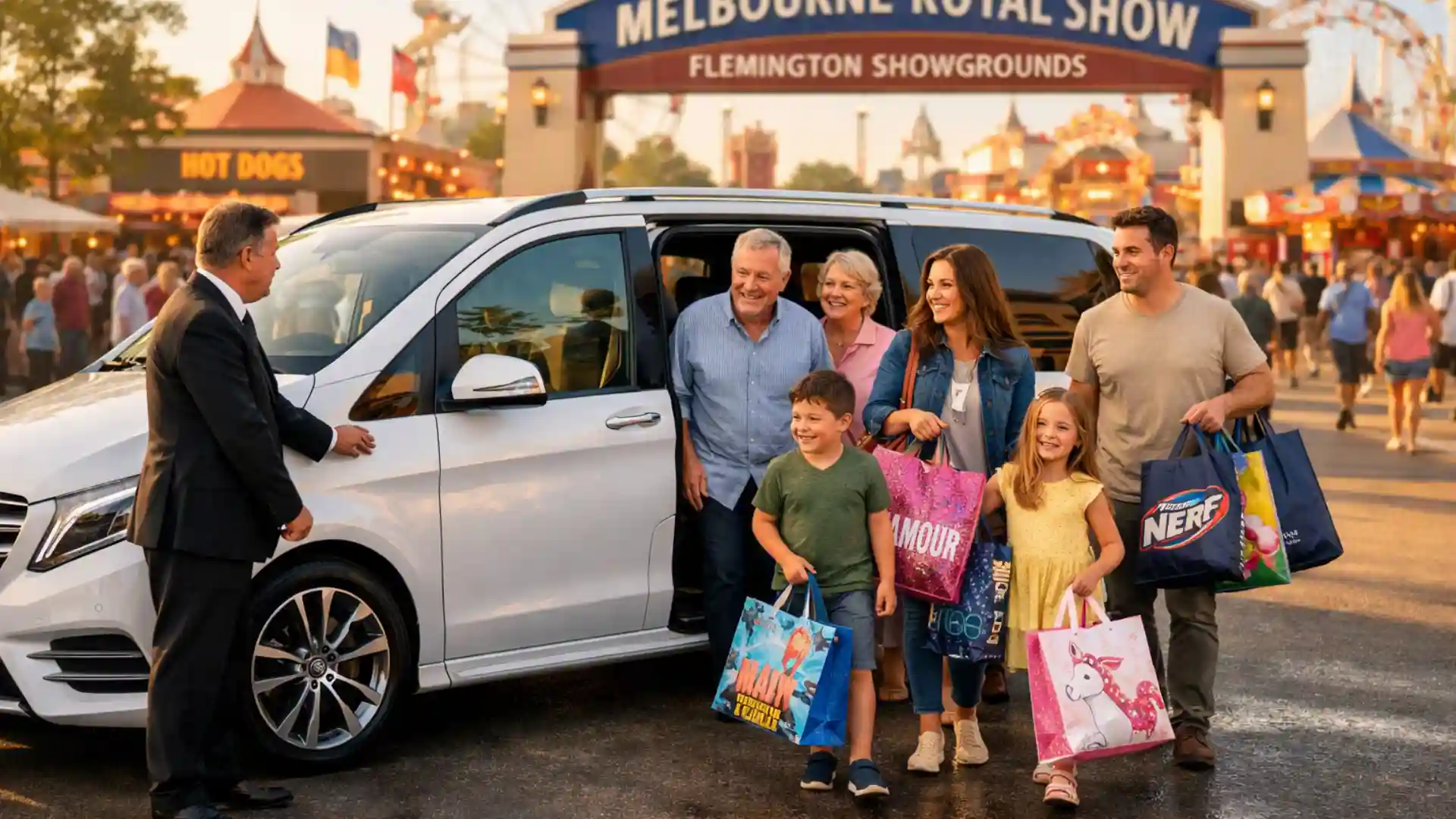 Luxury Family Chauffeur to Flemington Showgrounds with a white Mercedes-Benz V-Class arriving at Melbourne Royal Show