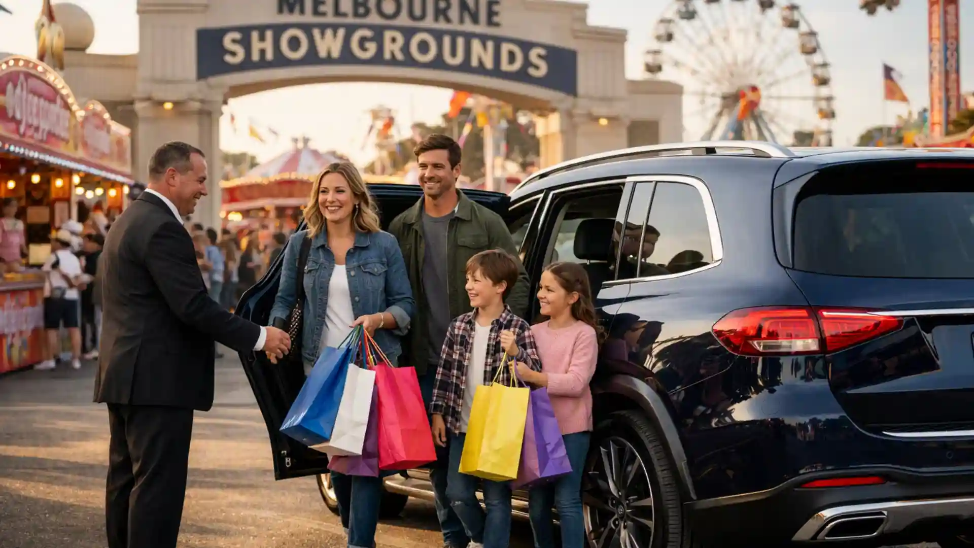 Melbourne Royal Show Chauffeur Service with a dark blue Mercedes-Benz GLS SUV arriving at Melbourne Showgrounds