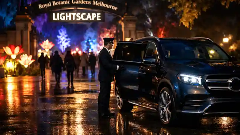 Private Chauffeur Lightscape Melbourne Mercedes-Benz GLS SUV arriving at Royal Botanic Gardens for the Lightscape event