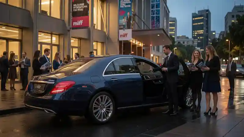 Private Chauffeur for MIFF Multi-Venue Transfers with a luxury dark blue Mercedes-Benz E-Class executive sedan outside a Melbourne International Film Festival venue