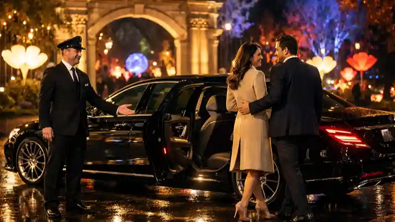 Romantic Lightscape Chauffeur Melbourne with a luxury Mercedes-Benz S-Class arriving at the Royal Botanic Gardens for a romantic evening