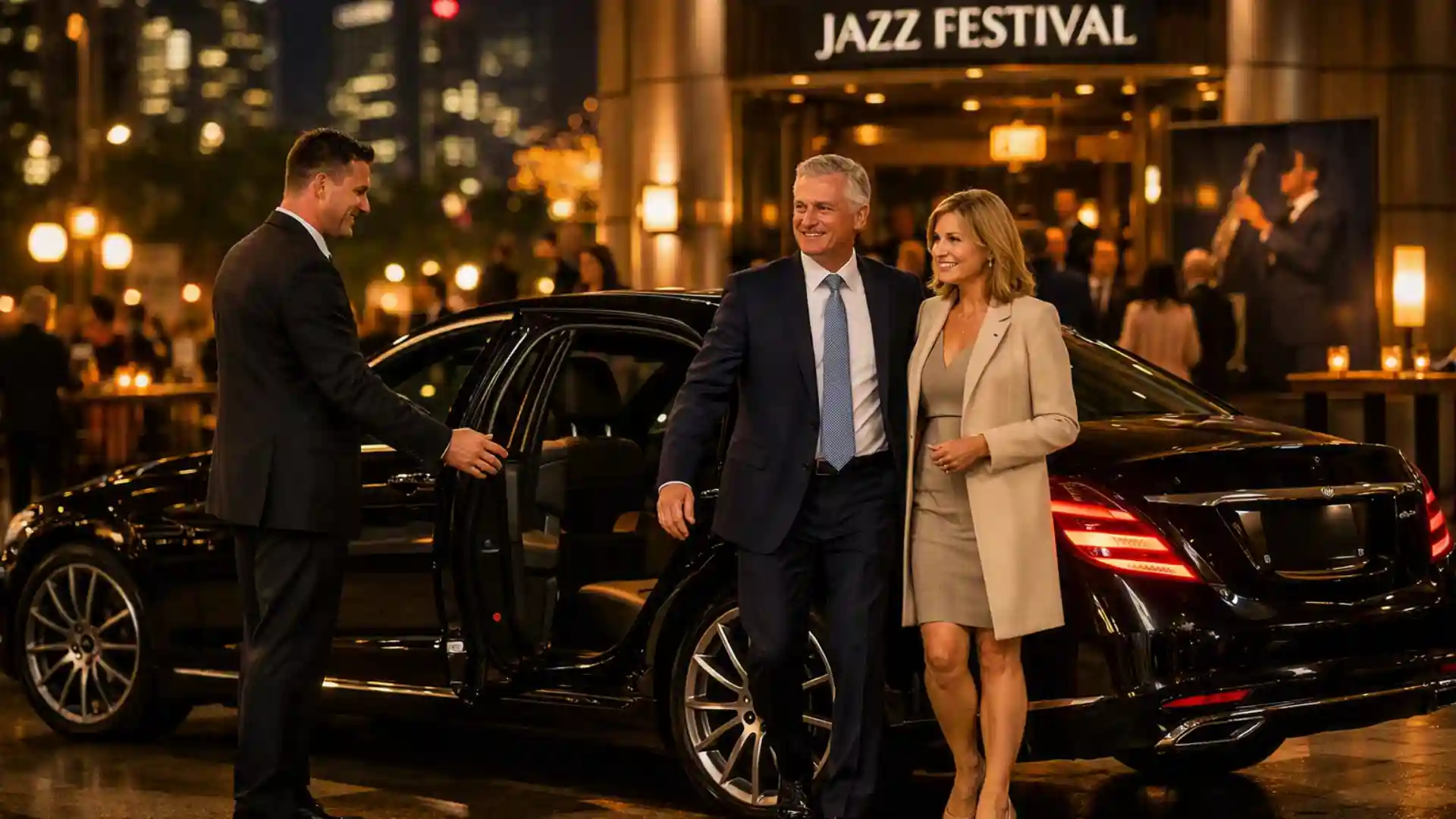 Corporate Chauffeur for Melbourne Jazz Festival with a black Mercedes-Benz S-Class and professional chauffeur without a hat welcoming VIP business clients outside a Melbourne jazz venue