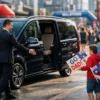 Melbourne Marathon Event Chauffeur Service with a luxury black Mercedes-Benz V-Class dropping off families near the marathon route