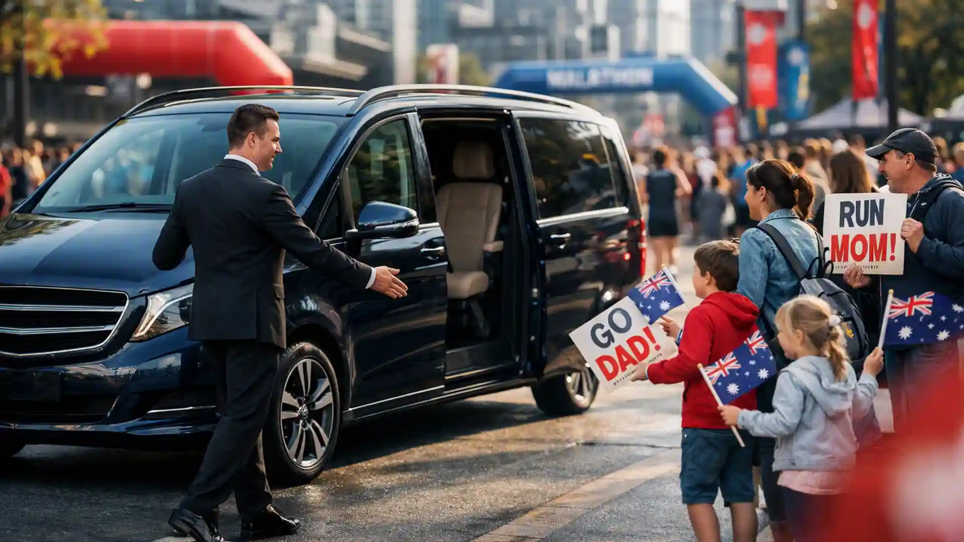 Melbourne Marathon Event Chauffeur Service with a luxury black Mercedes-Benz V-Class dropping off families near the marathon route