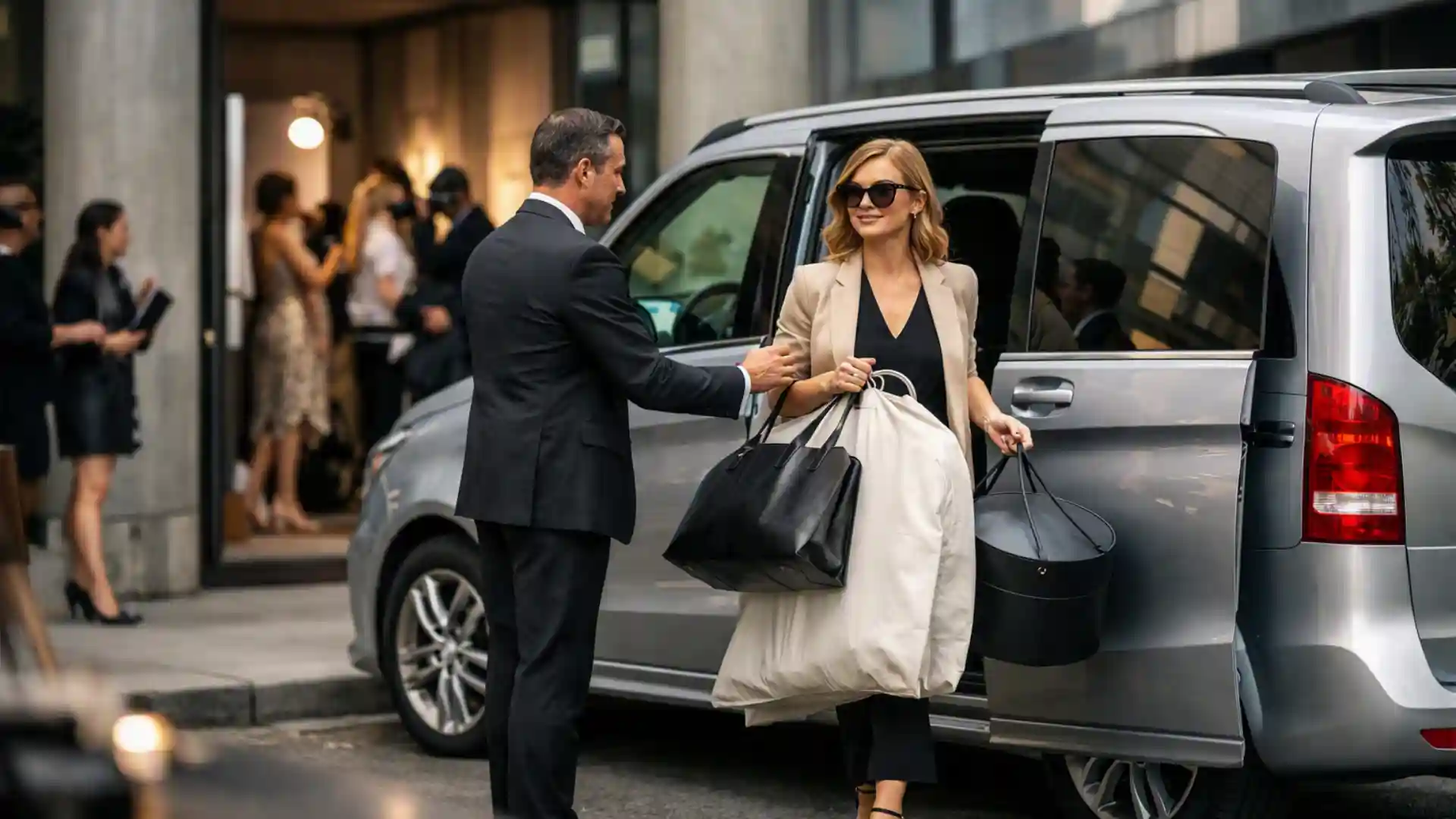 Stylist Chauffeur Melbourne with a luxury silver Mercedes-Benz V-Class and professional chauffeur without a hat assisting a fashion stylist outside a Melbourne photoshoot location