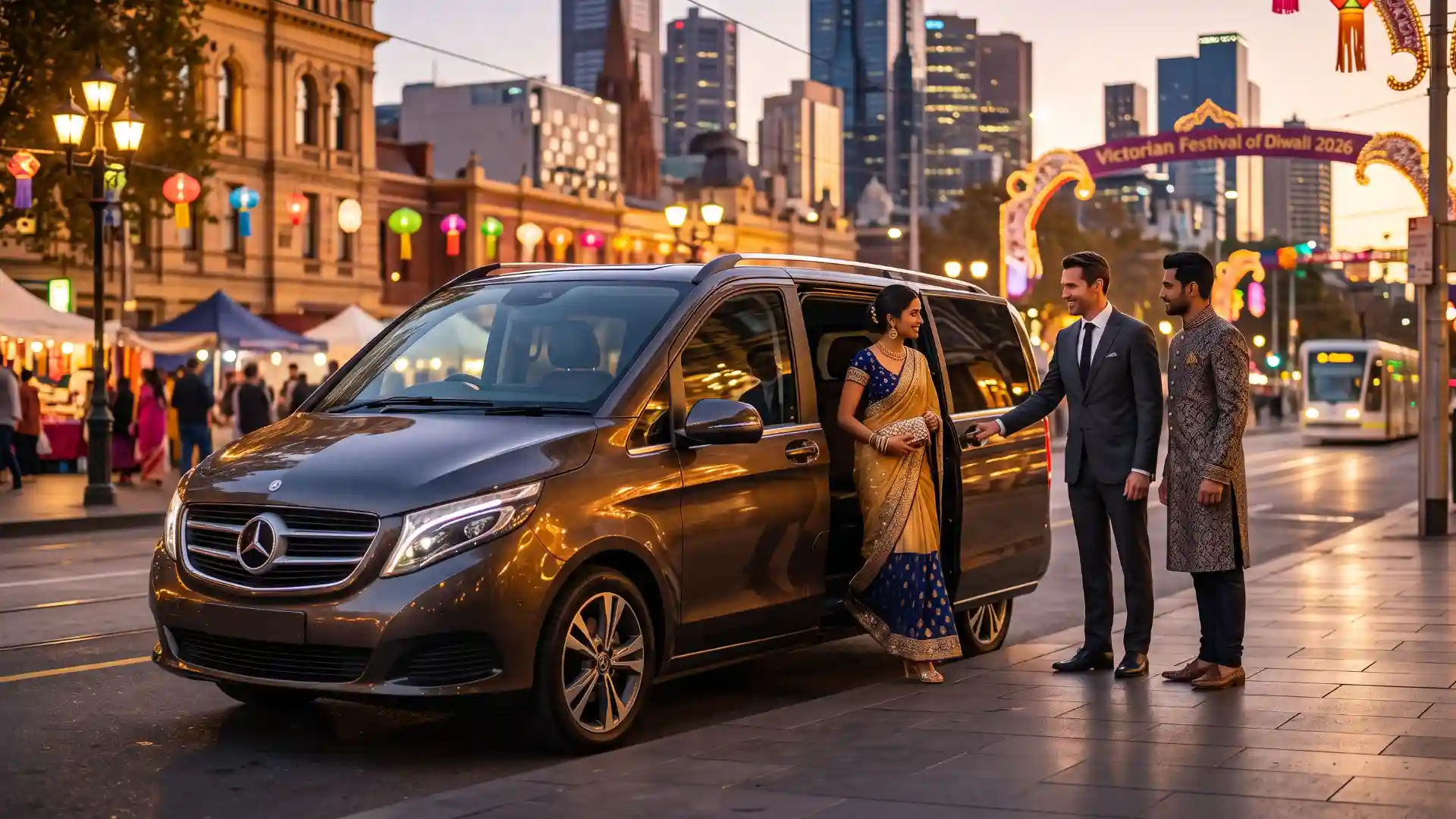 Luxury Mercedes-Benz chauffeur car delivering guests to the Victorian Festival of Diwali 2026 Melbourne celebration