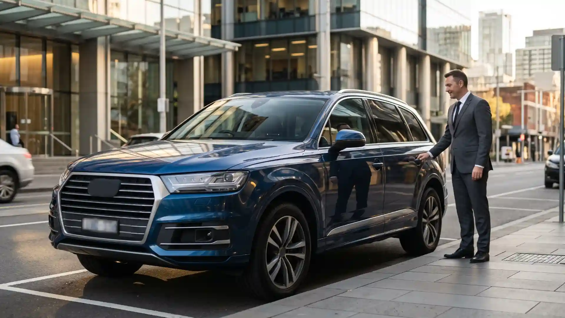 Business SUV chauffeur Melbourne service with a professional chauffeur beside a deep-blue executive SUV