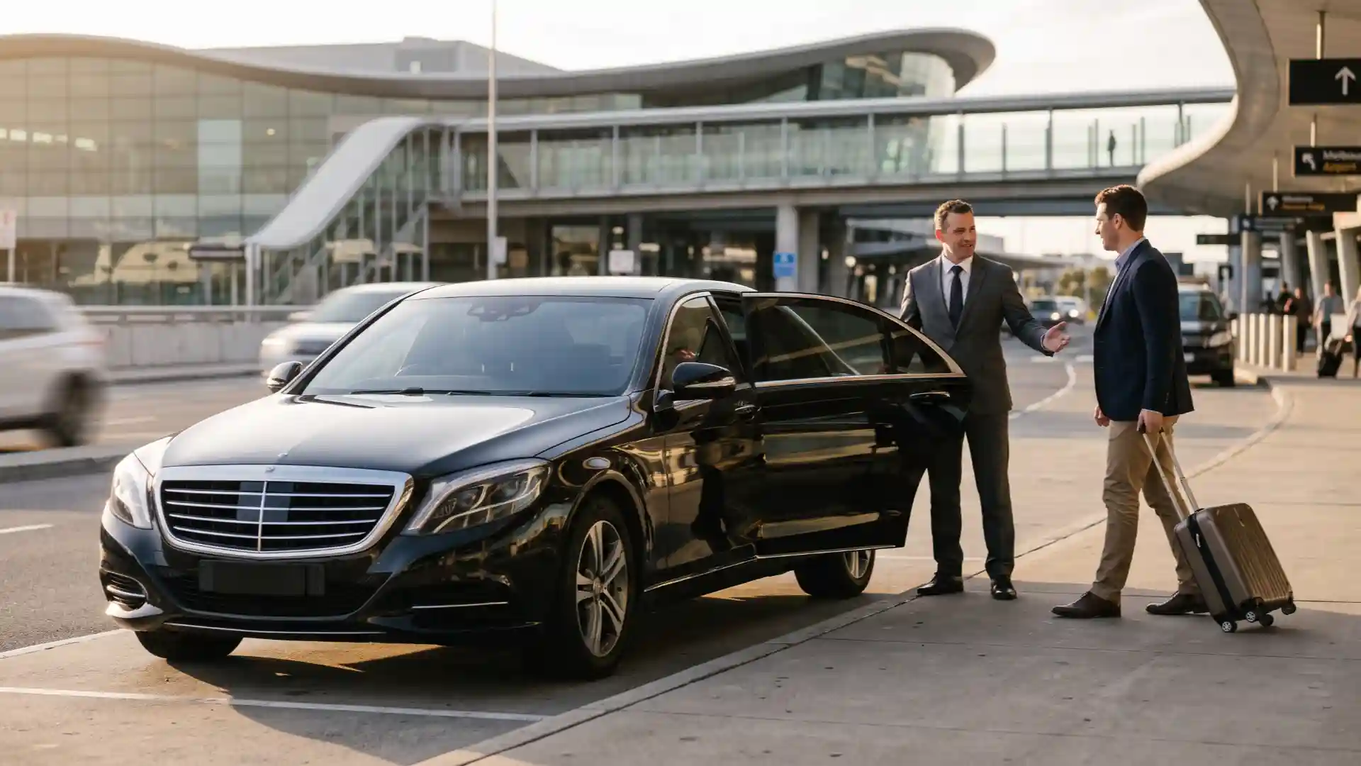 Business sedan airport transfer Melbourne with a professional chauffeur beside an executive sedan.
