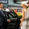 Caulfield Guineas Day Chauffeur Melbourne arriving at Caulfield Racecourse in a luxury black executive sedan