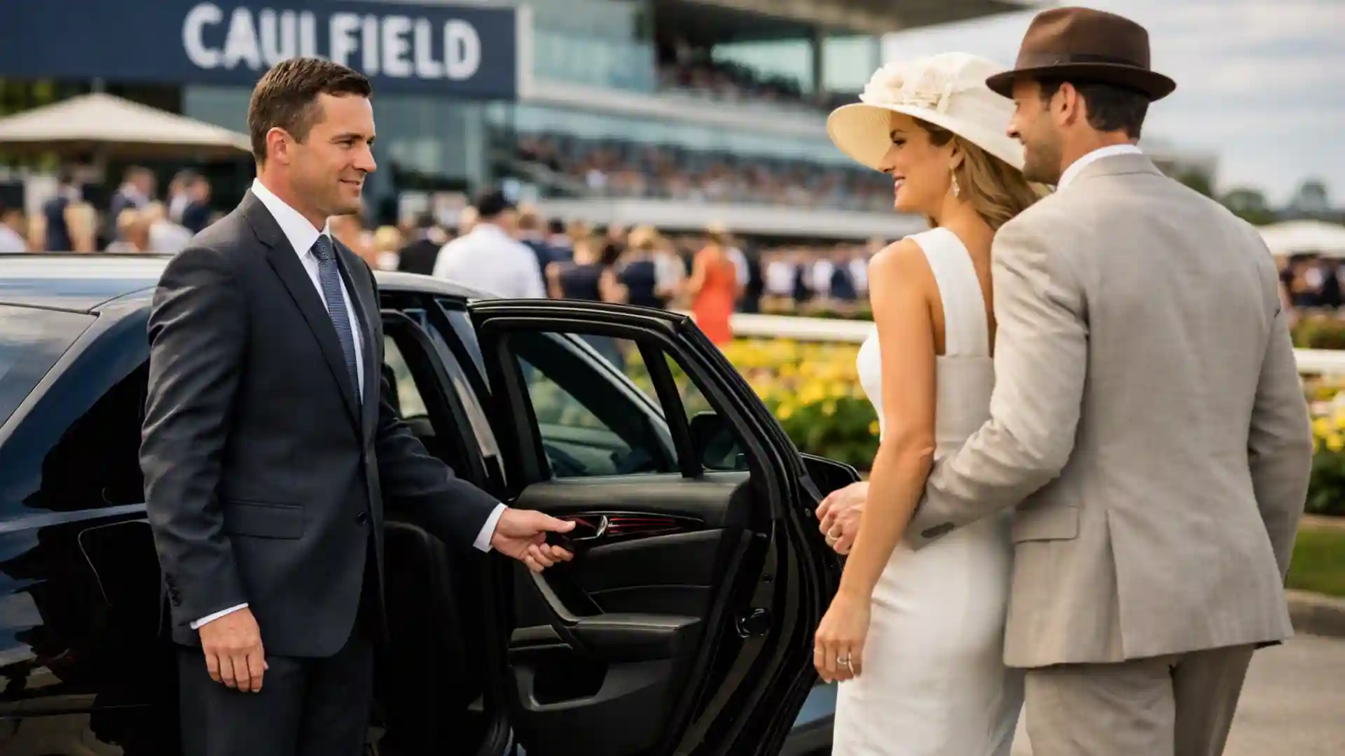 Caulfield Guineas Day Chauffeur Melbourne arriving at Caulfield Racecourse in a luxury black executive sedan