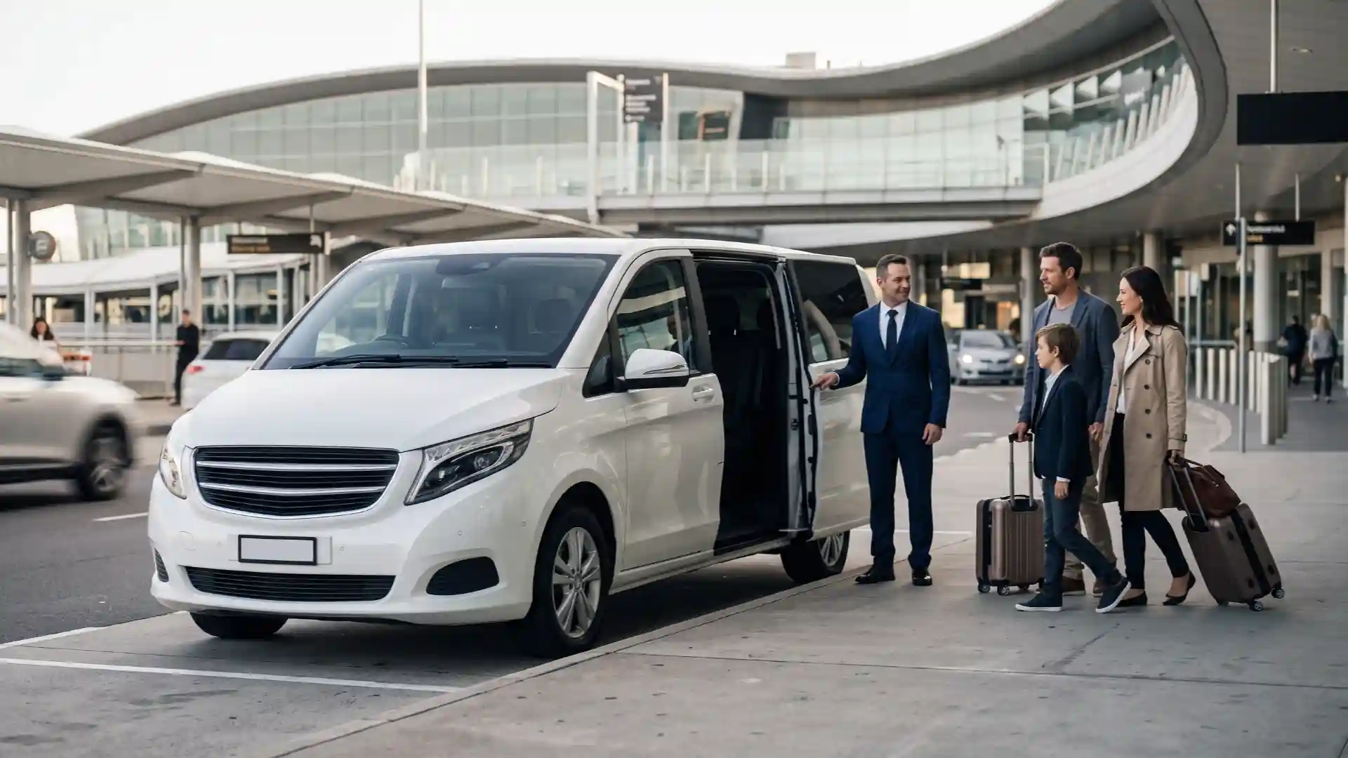 Mercedes V Class airport transfer Melbourne for a family travelling with luggage and a professional chauffeur